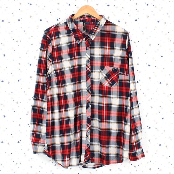 Navy Red Knit Plaid Button Up Shirt 3X - Picture 1 of 3